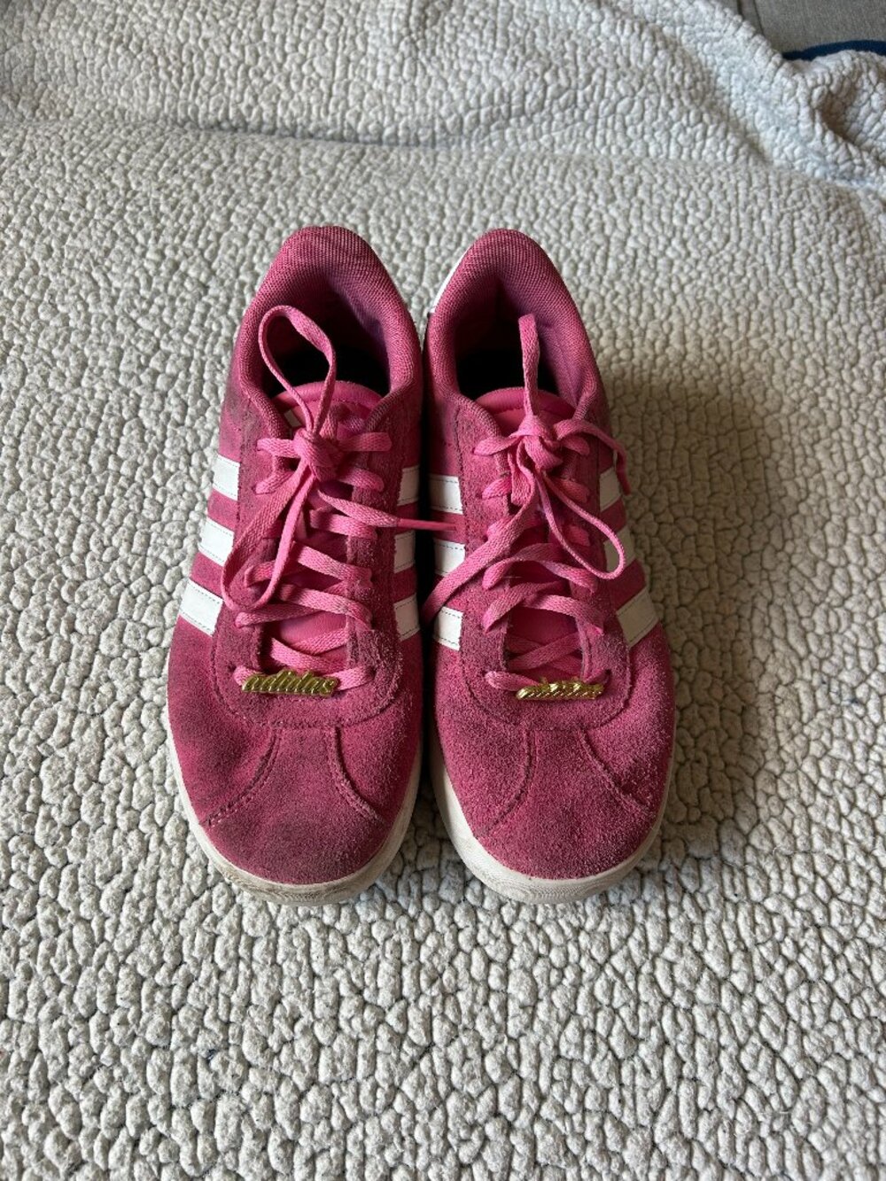 Adidas -- pink/ white suede fashion sneakers, gold adidas logo